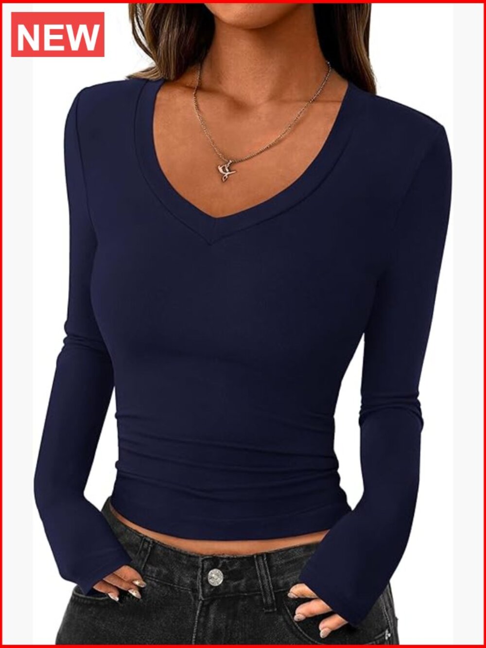 Viscose Elastane Long Sleeve Crop Top Deep V Neck Slim Fit